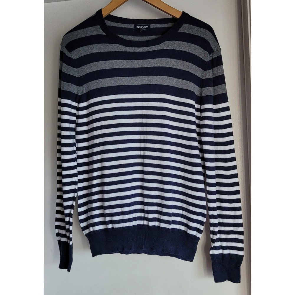 Bonobos Men's Pullover Sweater XS Striped Blue Grey White Merino‎ Wool Nautical